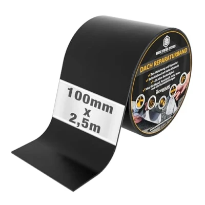 Abbildung von HSS® Dach Reparaturband, MicroSealant Klebstoff, effektiv, beständig und universell einsetzbar, wasserdichtes Klebeband, verbessertes Butylband, SKZ geprüft (Schwarz, 100mm/2,5m)