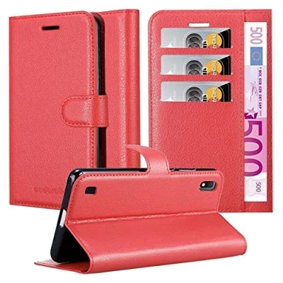 Abbildung von Cadorabo Hülle kompatibel mit Samsung Galaxy A10 / M10 Handyhülle aus Kunst Leder Flip Klappbare Stoßfeste Magnetische [Standfunktion] [Kartenfächern] Cover für Tasche in Rot