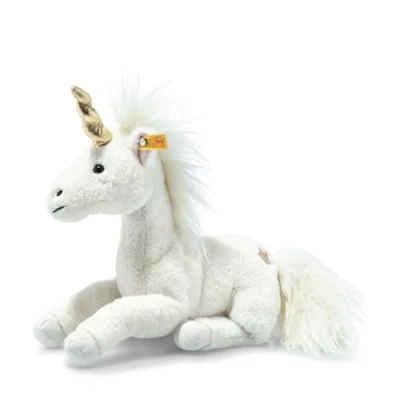 Abbildung von Steiff Unica Schlenker Einhorn weiß liegend 27 cm, Soft Cuddly Friends, Kuscheltier Einhorn, Plüschtier mit Granulatsäckchen in Hufen und Bauch für EIN tolles Fühlerlebnis, Plüsch Stofftier