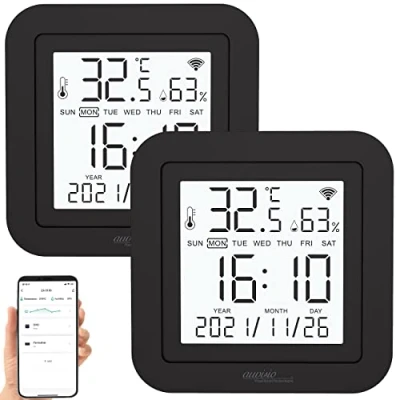Abbildung von Luminea Home Control Hygrometer Thermometer: 2er Set lernfähige IR Fernbedienungen, Temperatur/Luftfeuchte, App (Infrarot Fernbedienung Alexa, Funk Wetterstation)