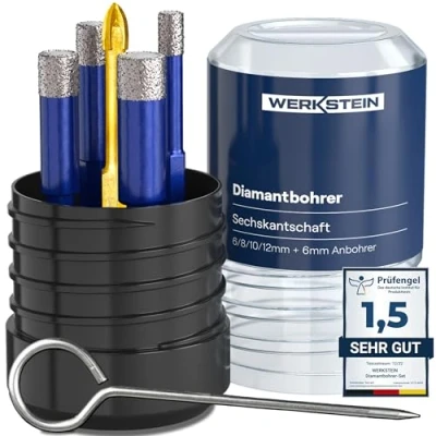 Abbildung von Werkstein Fliesenbohrer Set 6I8I10I12mm Glasbohrer &amp; 6mm Karbid Anbohrer, (5 tlg), Diamantbohrer zum Bohren von Fliesen, Glas, Marmor, Granit uvm.