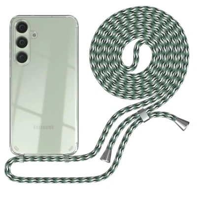 Abbildung von EAZY CASE Handykette kompatibel mit Samsung Galaxy S24 Plus Kette zum Umhängen für Hülle Band aus Silikon stoßfeste transparente Handyhülle Hell Grün Camouflage Clips Silber