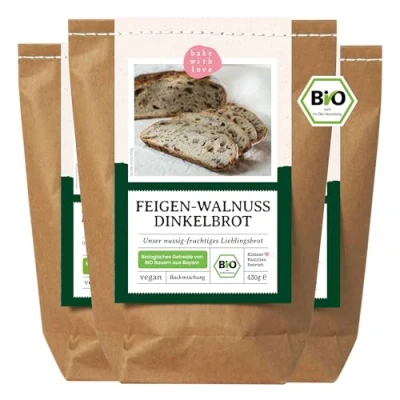 Abbildung von Bio Feigen Walnuss Dinkelbrot Brotbackmischung 100% Dinkel ohne Weizen vegane Brotmischung, Brotbackautomat geeignet Bake with Love (3er Pack)