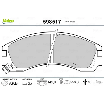 Abbildung von VALEO 598517 Bremsbelagsatz Vorderachse inkl. Verschleißwarnkontakt ohne Anti Quietsch Blech MITSUBISHI: Outlander 3, 2 SUV