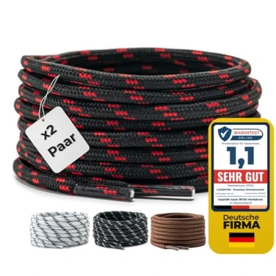 Abbildung von LaceHype 2 Paar Premium Runde Schnürsenkel [ Ø4,5 mm ] Polyester für Arbeitsschuhe, Stiefel, Outdoorschuhe und Sportschuhe reißfeste Schuhbänder (Schwarz/Rot, 120cm)