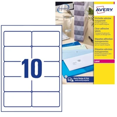 Abbildung von Avery Kristallklare Etiketten für Laserdrucker langlebig 10 pro Blatt 96 x 50,8 mm 250 Stück transparent
