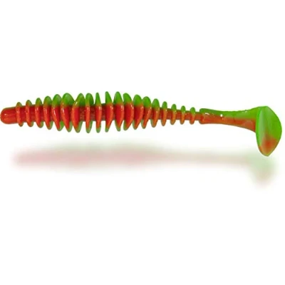 Abbildung von Magic Trout Premium T Worm Angel Zubehör Forellen Angeln Gummifisch mit Paddle Schwanz, neon grün/orange, 5,5 cm