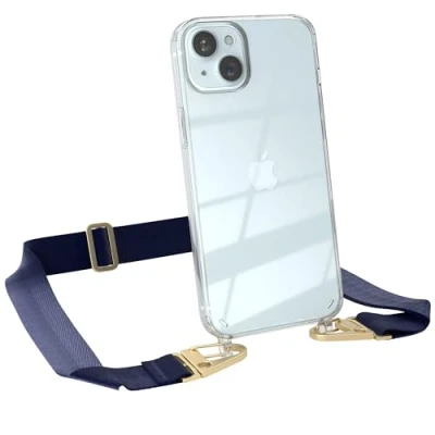 Abbildung von EAZY CASE Hülle mit Band kompatibel iPhone 15 Plus Handyhülle Umhängeband für 15+ Silikonhülle Transparent Schutzhülle Handykette zum Umhängen Handykordel Smartphone in Blau Gold