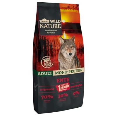 Abbildung von Dehner Wild Nature Hundefutter Mono Protein, Trockenfutter getreidefrei / zuckerfrei, für ausgewachsene Hunde, Ente Fisch, 12 kg