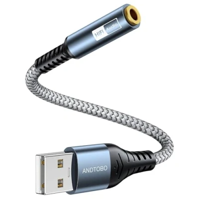 Abbildung von ANDTOBO USB auf 3,5 mm Audio Klinkenadapter, Externe Stereo Soundkarte Konverter Klinkenadapter für Kopfhörer, Lautsprecher, PS4, PC, Laptop