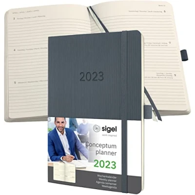 Abbildung von SIGEL C2336 Terminplaner Wochenkalender 2023 ca. A5 dunkelgrau Softcover 192 Seiten Gummiband, Stiftschlaufe, Archivtasche PEFC zertifiziert Conceptum