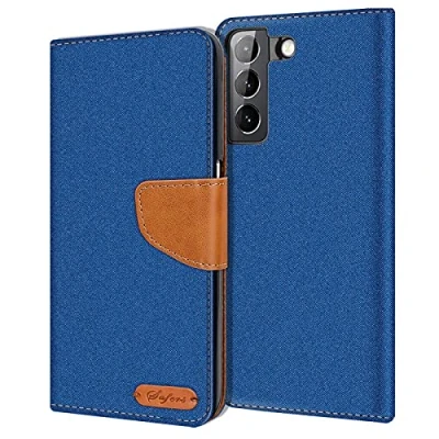 Abbildung von Verco kompatibel mit Samsung Galaxy S21 FE Hülle, Schutzhülle für Tasche Denim Textil Book Case Flip Klapphülle Blau