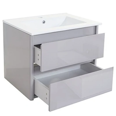 Abbildung von Mendler Waschbecken + Unterschrank HWC B19, Waschtisch Badezimmer, Hochglanz 50x60cm grau
