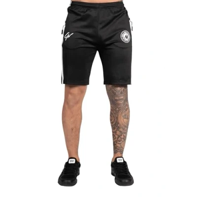 Abbildung von Gorilla Wear Stratford Track Shorts Schwarz Bodybuilding Sport Alltag Freizeit mit Logo Aufdruck leicht und bequem für optimale Bewegung aus Polyester Spandex, XL