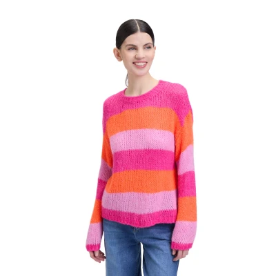 Abbildung von Cartoon Damen Strickpullover mit Blockstreifen Pink/Orange,34