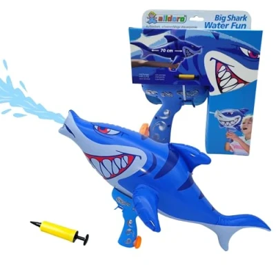 Abbildung von alldoro 60126 Aufblasbare Wasserpistole Hai, 250 ml Tank, mit Pumpe aus Kunststoff bunt, 70 x 38 cm, Blau