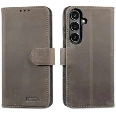 Abbildung von LENSUN Echtleder Hülle für Samsung Galaxy S24, Handyhülle [Brieftasche][RFID Schutz][Standfunktion] Lederhülle Handytasche S24 5G Graubraun