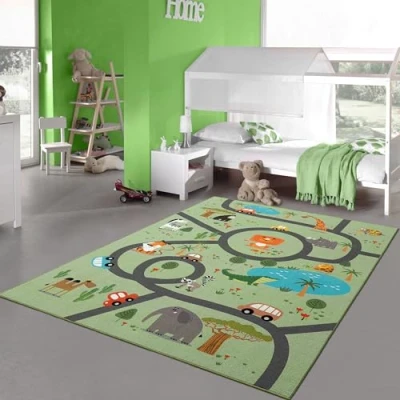 Abbildung von Teppich Traum Kinderzimmer Kinderteppich rutschfest waschbar Spielteppich Safari Straße Autos Tiere grün 100 x 200 cm