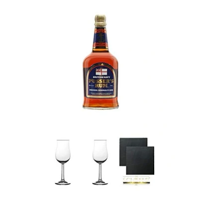 Abbildung von Pussers British Navy Rum 40% Virgin Islands 0,7 Liter + 2 Bugatti Nosing Gläser mit Eichstrich 2cl und 4cl Schiefer Glasuntersetzer eckig ca. 9,5 cm Ø