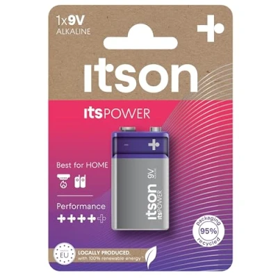 Abbildung von ITSON, Batterien 9V, 1 Stück, Alkaline Batterien, für Uhren, Rauchmelder, umweltfreundliche Verpackung 95% recycelt