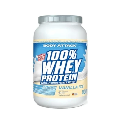 Abbildung von Body Attack 100% Whey Protein Vanilla Ice 900 g Made in Germany Extra cremiges Eiweißpulver mit Hydrolysat &amp; BCAA&#039;s, unterstützt Muskelaufbau und Diäten Für Sportler Athleten