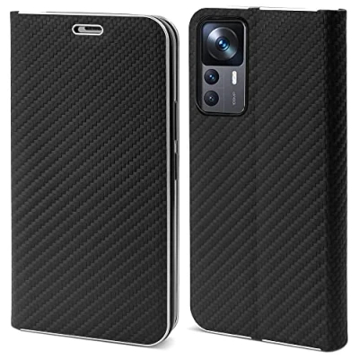 Abbildung von Moozy Hülle für Xiaomi 12T und Pro, Schwarz Carbon Metallischer Kantenschutz Klapphülle Handyhülle mit Kartenfach Standfunktion