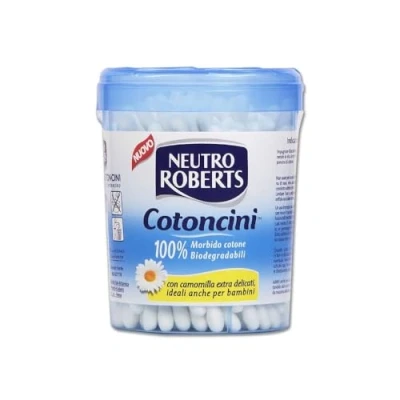 Abbildung von Neutro Roberts, Baumwolle mit hygienischer Box, weiche und 100% biologisch abbaubare Wattestäbchen Stiel aus Karton, geeignet für Kinder Packung 100 Stück