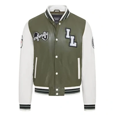 Abbildung von Infinity Leather Letterman Bomberjacke aus Baseball grün weißem Leder für Herren