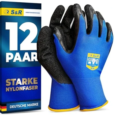 Abbildung von S&amp;R Arbeitshandschuhe Schutzhandschuhe, 12 Paar aus Nylonfaser mit Latexbeschichtung (Set, 24 St., M / 8) geeignet für den privaten und gewerblichen Gebrauch