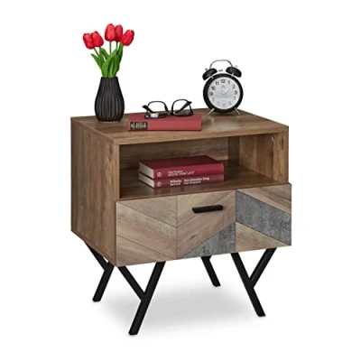 Abbildung von Relaxdays Nachttisch mit Schublade, Industrial Style, Wohn &amp; Schlafzimmer Beistelltisch, HxBxT: 53 x 50 42 cm, braun, Legierter Stahl