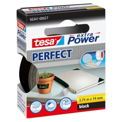 Abbildung von tesa extra Power Perfect Gewebeband Gewebeverstärktes Ductape zum Basteln, Reparieren, Befestigen, Verstärken und Beschriften Schwarz 2,75 m x 19 mm