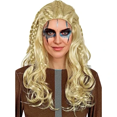 Abbildung von Funidelia Wikinger Perücke für Damen Nordisch, Walküre, Barbaren, Vikings Zubehör Erwachsene, Kostüm Braun