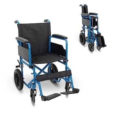 Abbildung von Mobiclinic®, Rollstuhl faltbar, Marsella, Schnellspanner Rollen auf Knopfdruck abnehhmbar, Robust, Sitzbreite 46 cm, Klappbare Fußstütze und Armlehnen, Bremshebel, Reifen 12&quot;