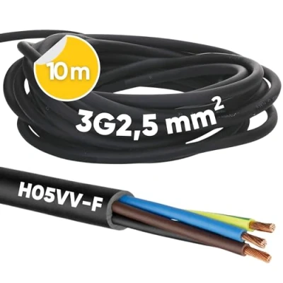 Abbildung von 10 Meter Kalitec H05VV F Schlauchleitung 3x2,5 mm² I Stromkabel 3G2,5 mm2 mit Schutzleiter PVC Kabel für Innenbereich Elektrokabel schwarz Lampenkabel flexibel Gerätekabel 3 adrig