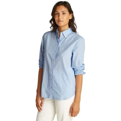 Abbildung von Tommy Jeans Damen Hemd Pinstripe Poplin Regular Fit, Mehrfarbig (Sugarplum Blue/Stripe), XL