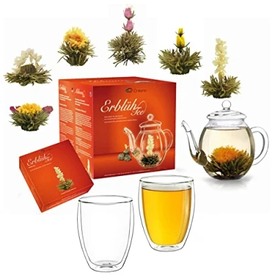 Abbildung von Creano Teeblumen Mix Geschenkset Erblühtee mit Glaskanne &amp; 2x 250ml Thermogläser Weißer Tee (in 6 Sorten)
