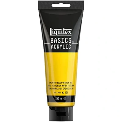 Abbildung von Liquitex 88700230 Basics Acrylfarbe, monopigmentierte Künstlerpigmente, lichtecht, mittlere Viskosität, Archivqualität, seidenglänzender Finish, 250ml Tube Kadmiumgelb Mittel Farbton