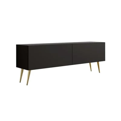 Abbildung von 3E 3xE living.com TV Schrank: Zwei Türen, Regale, Farbe Mattschwarz, goldene Beine, A: B: 140 cm, H: 52 T: 32