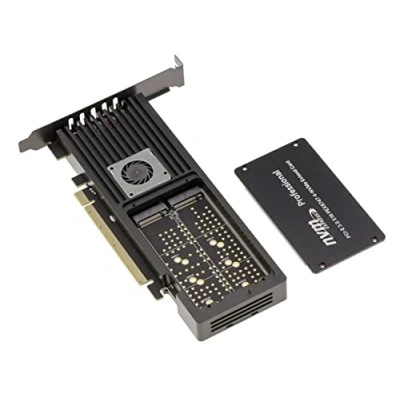 Abbildung von KALEA INFORMATIQUE PCIe 3.0 x16 Controller Karte für 4 M.2 NVMe SSDs mit PLX PEX8747 Chipsatz Schutz durch belüftetes Aluminiumgehäuse.