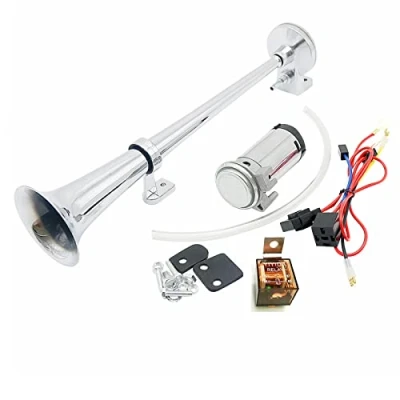 Abbildung von YIYIDA Air Horn Lufthorn 24V Car 150dB Autohupe Silber 45cm Lautsprecher Chrom Zink Single Trumpet LKW mit Kompressor Luftpumpe Auto Airhorn für alle Autos Zugboot Motorrad ect