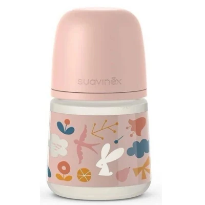 Abbildung von Suavinex, Babyflasche 150 ml mit physiologischem Sauger SX Pro aus Silikon, Anti Colic Ventil, Langsamer Nahrungsfluss (S), für Neugeborene, Babys +0 Monate, Forest, Rosa