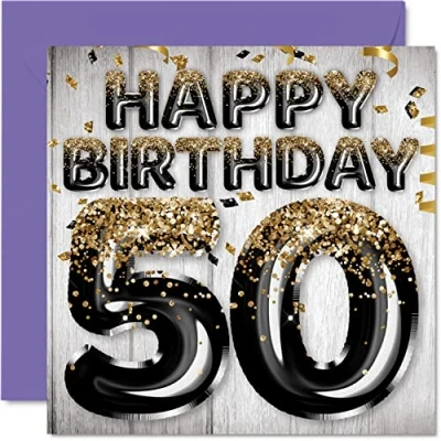 Abbildung von Geburtstagskarte zum 50. Geburtstag für Männer schwarze und goldene Glitzerballons Happy Karten 50 Jahre alten Mann Papa Opa Onkel 145 mm x Grußkarten