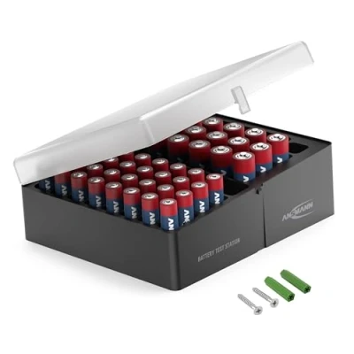 Abbildung von ANSMANN Batteriebox Aufbewahrungsbox für 56 Batterien Akkus mit 32 AAA + 20 Mignon AA Batterien, Sortierbox Organizer, Wandhalterung, Kunststoff