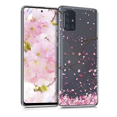 Abbildung von kwmobile Case kompatibel mit Samsung Galaxy A71 Hülle Silikon Transparent Kirschblütenblätter Rosa Dunkelbraun