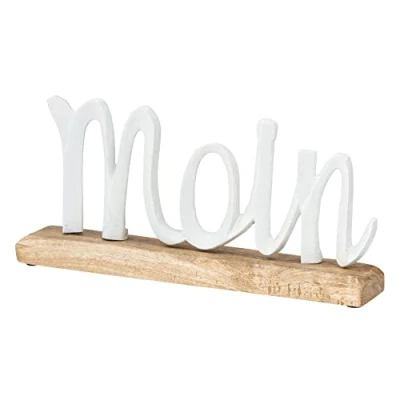 Abbildung von levandeo Moin Schriftzug Weiß L33cm Metall Mango Holz Deko Aufsteller Tischdeko Wohndekoration Norddeutsch Geschenk