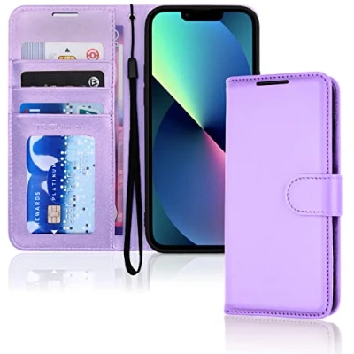 Abbildung von TECHGEAR hülle iPhone 13 Mini Leder PU Flip Schutzhülle Ledertasche [Brieftasche] Handyhülle mit Ständer und Handschlaufe Lavendel Kompatible