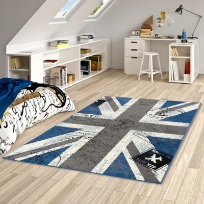 Abbildung von Pergamon Teppich Trendline Union Jack Grau Blau in 5 Größen