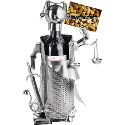 Abbildung von BRUBAKER Weinflaschenhalter Justitia Silber Metall Skulptur Flaschenständer Metallfigur Weingeschenk für Juristen, Richter, Anwalt, Kanzlei mit Grußkarte