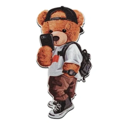 Abbildung von Mono Quick Aufnäher Bügelbild, Aufbügler, Applikationen, Patches, Flicken, zum aufbügeln, PES, Bär mit Handy Tier Größe: 8,6 x 4,3 cm