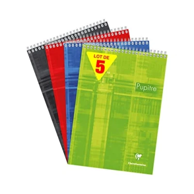 Abbildung von Clairefontaine 8151C Packung mit 5 Blöcken Pupitre Doppelspirale, DIN A4 21x29,7cm, 80 Blatt, 90g, französische Lineatur, farbig sortiert, 1 Pack
